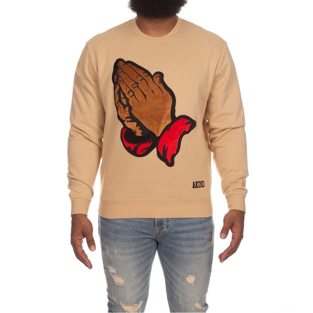 AKOO Beige Crewneck Sweater with Prayer Hands Graphic